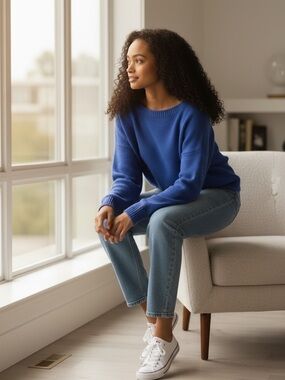 Fresh Royal Blue Knit Women's Crew Neck Sweater